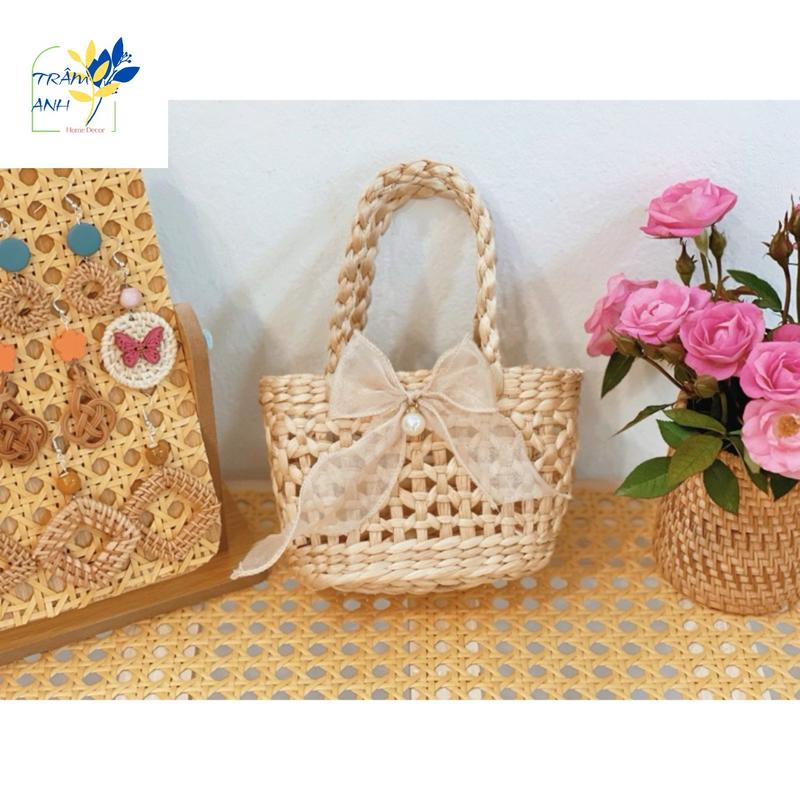 Túi Xách Cói Đính Hoa Siêu Đẹp - Túi Lục Bình Mini Vintage Siêu Xinh Chụp Ảnh, Dã Ngoại, Đi Biển, Trang Trí 0