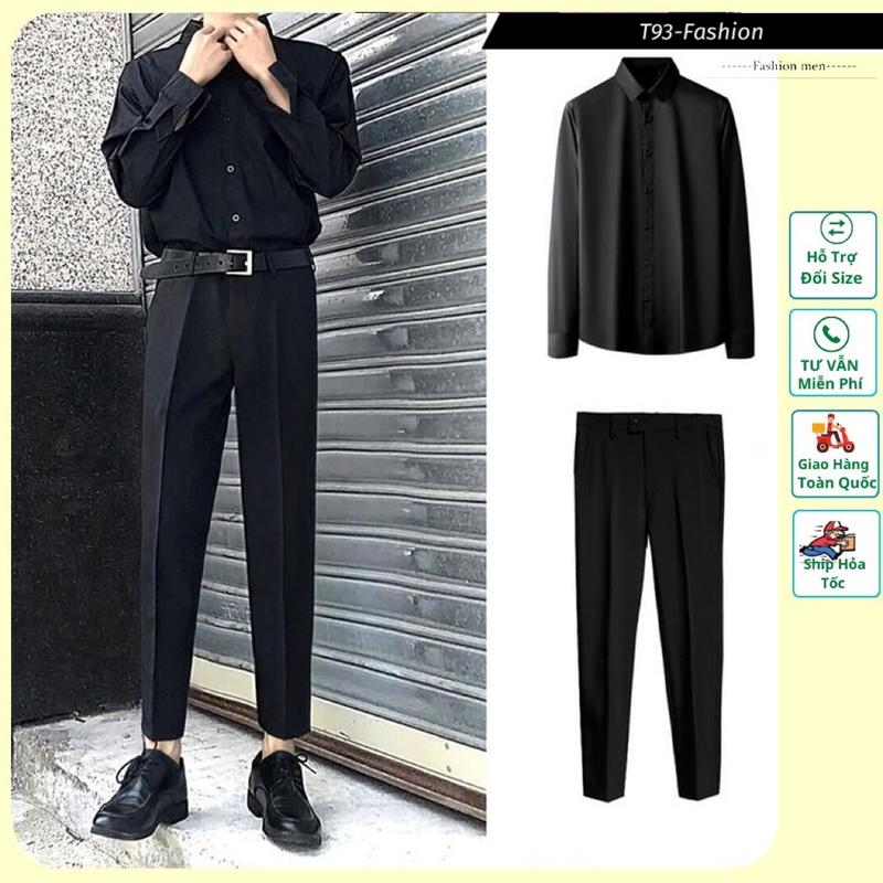 Combo Quần Tây Âu Kèm Áo Sơ Mi Dài Tay Chất Vải Chống Nhăn Xù Phong Cách Hàn Quốc Màu Đen Trắng Nam Menswear Kem