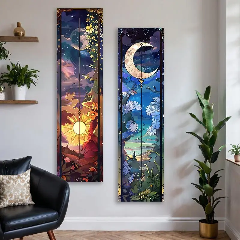 Sun & Moon Pattern Design Wall Hanging Tapestry, 2 Counts/set Tree Of Life Flowers Mountain Long Narrow Tapestry, Wall Decor for Home Living Room Bedroom 2
