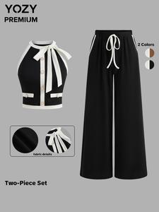 YOZY Women's Colorblock Halter Neck Sleeveless Top & Wide Leg Pants Two-Piece Set, Casual Fashion Cozy Ribbed Two Piece Outfits for Daily Outdoor Wear, Women Clothes for Spring Fall