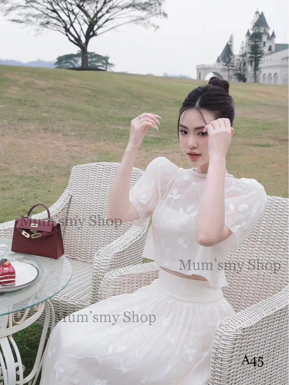 A45 Set 3 Váy tiểu thư tơ lá nổi (áo cánh +áo cup 2 dây+chân váy 2 lớp Maxi) Nữ Women Top