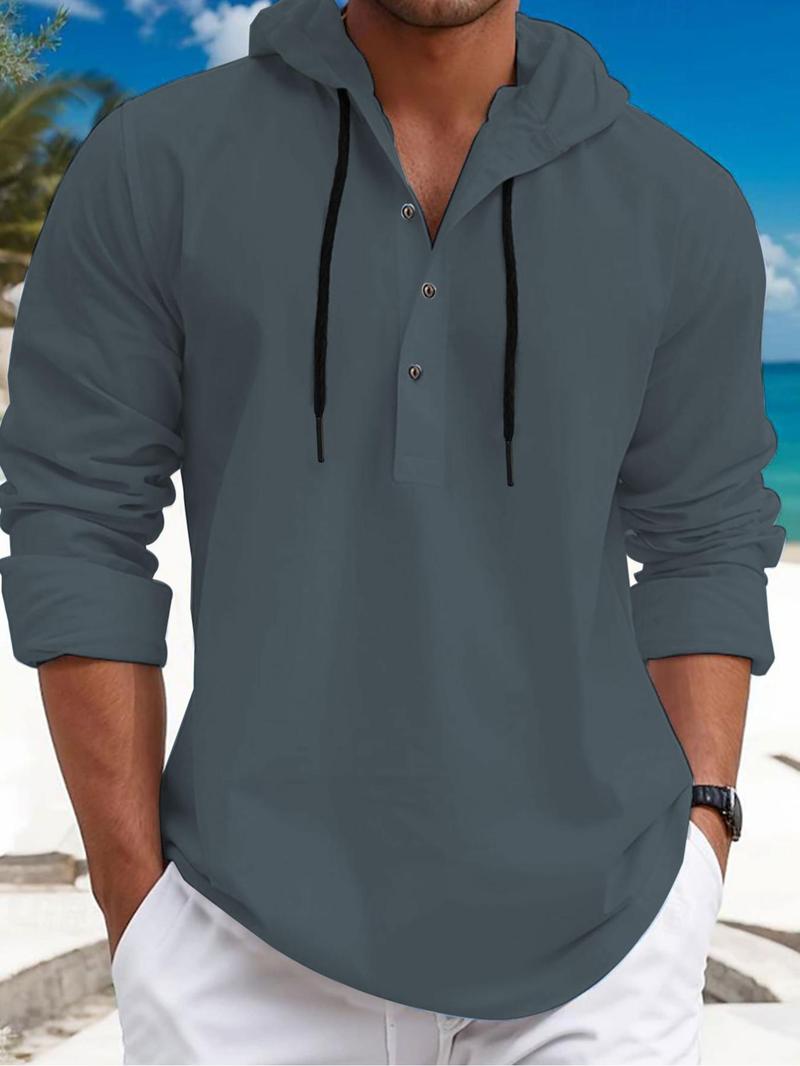 Product Introduction of Men's Solid Color Drawstring Button Front Hoodie, Regular Fit Casual Long Sleeve Drop Shoulder Hooded Sweatshirt for Spring & Fall, Fashion Men's Clothes for Daily Wear 2
