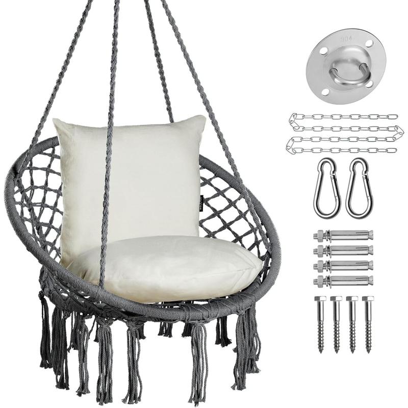 TikTok Shop Macrame Chair Hanging Swing Chair Max 330 Lbs Hammock Chair with 2 Cushions and Hardware Kits Cotton Rope Chair for Indoor Outdoor Bedroom Patio Garden Dark Grey