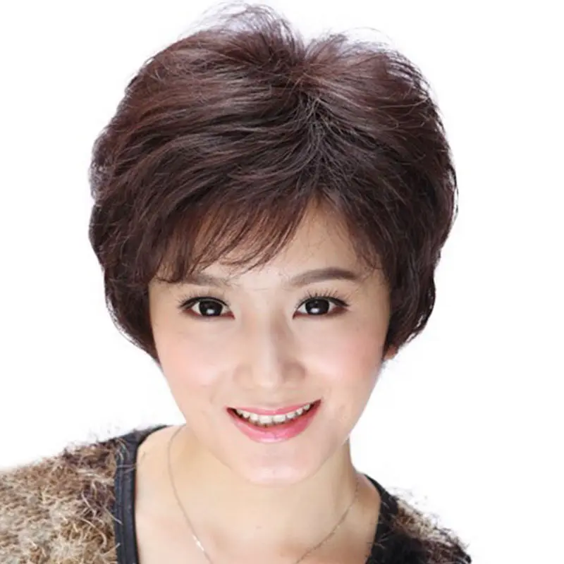 New non-mainstream, Japanese, Korean, middle-aged and old lady inclined bang mother wig short curl hair 1002