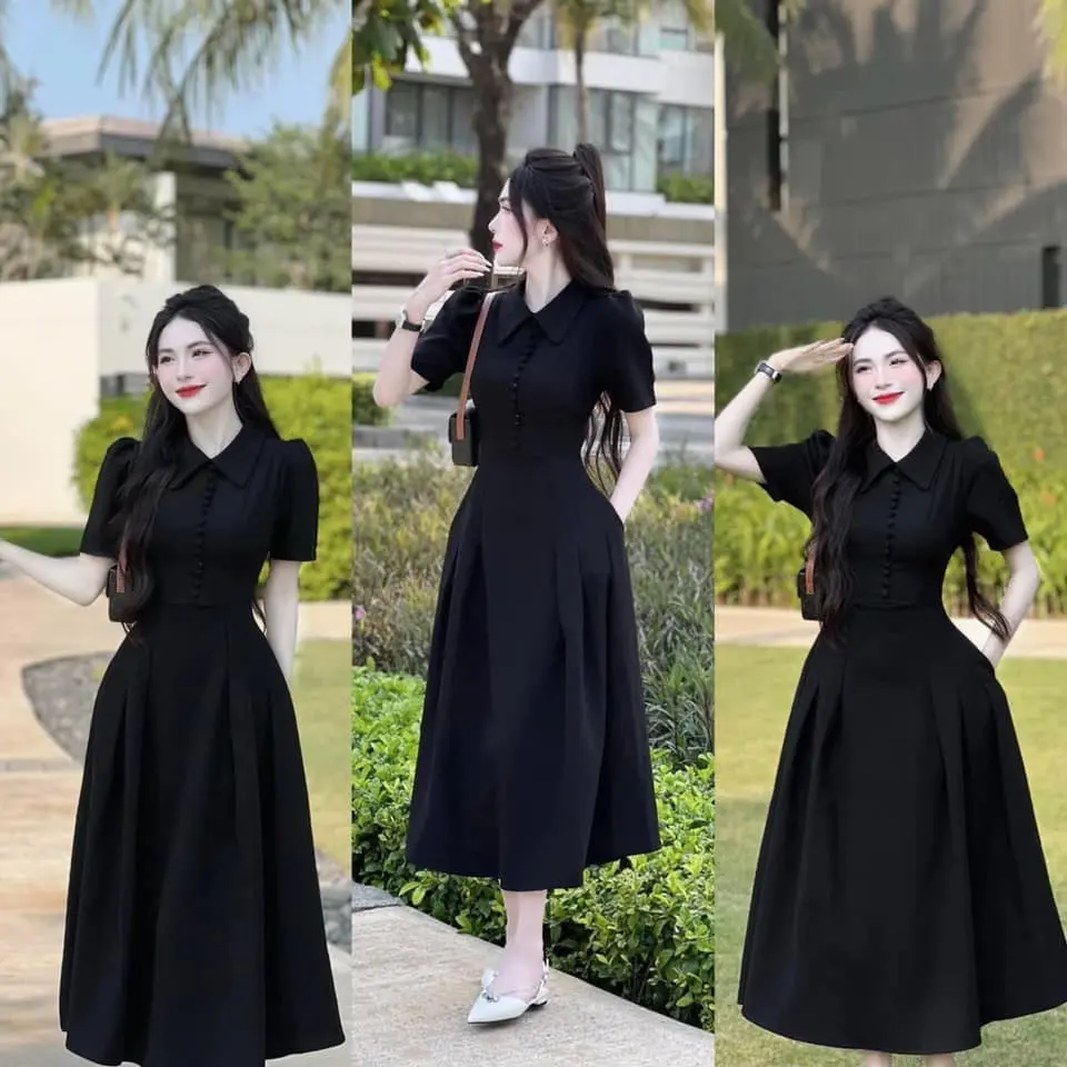 Đầm tiểu thư 2 màu trắng và đen thanh lịch nhẹ nhàng phối hàng cúc trước ngực