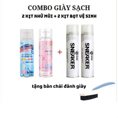 COMBO 2 CHAI XỊT TẠO BỌT VỆ SINH GIÀY SNEAKER + 2 CHAI XỊT KHỬ MÙI GIÀY NANO BẠC, Tặng bàn chải chà Giày