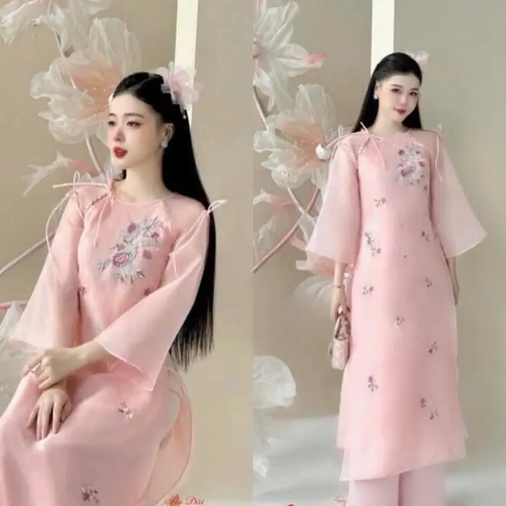 Áo dài cách tân Hồng 4 tà trẻ trung, thanh lich- Áo dài Diệp Anh