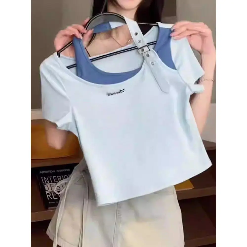 New Blue Color Shoulder Short-Sleeved T-shirt Women's Summer Korean Style False Two-Piece Texture Design Short Top Ins