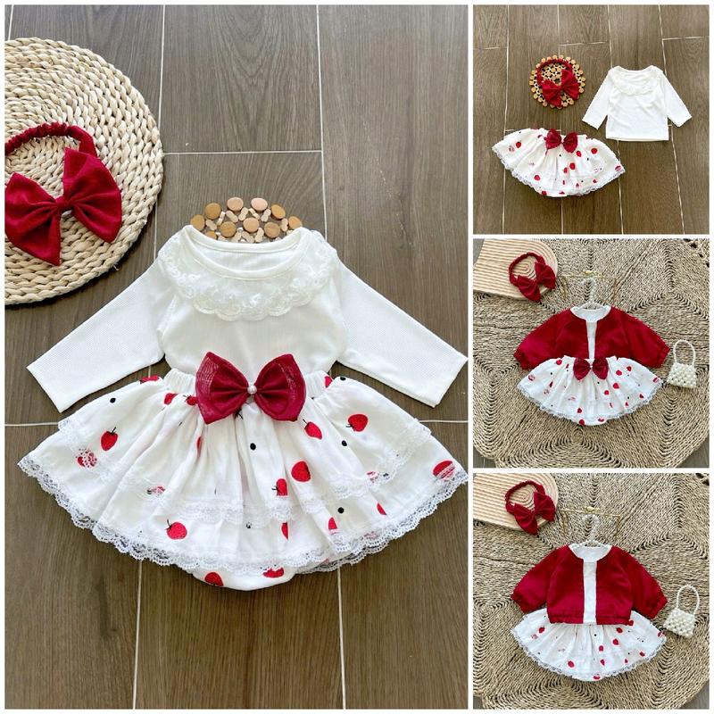 Bộ Áo Thun Dài Tay Trắng Quần Váy Chip Nơ Dâu Đỏ 2 Tầng 3-12 Kg(Khoác Mua Riêng),Bộ Đồ Cho Bé Gái Đầy Tháng Thôi Nôi Mặc Nhà Đi Chơi
