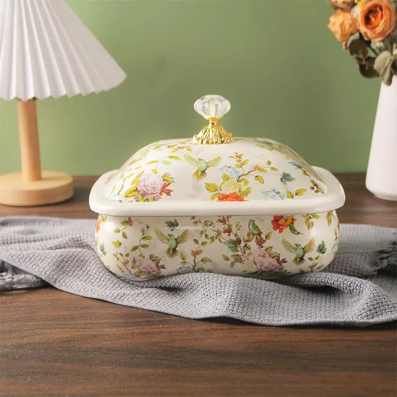 Vintage Floral Pattern Enamel Bread Box, Enamel Butter Dish with Lid, Salad Preserving Container for Kitchen Canteen, Summer Gift 0
