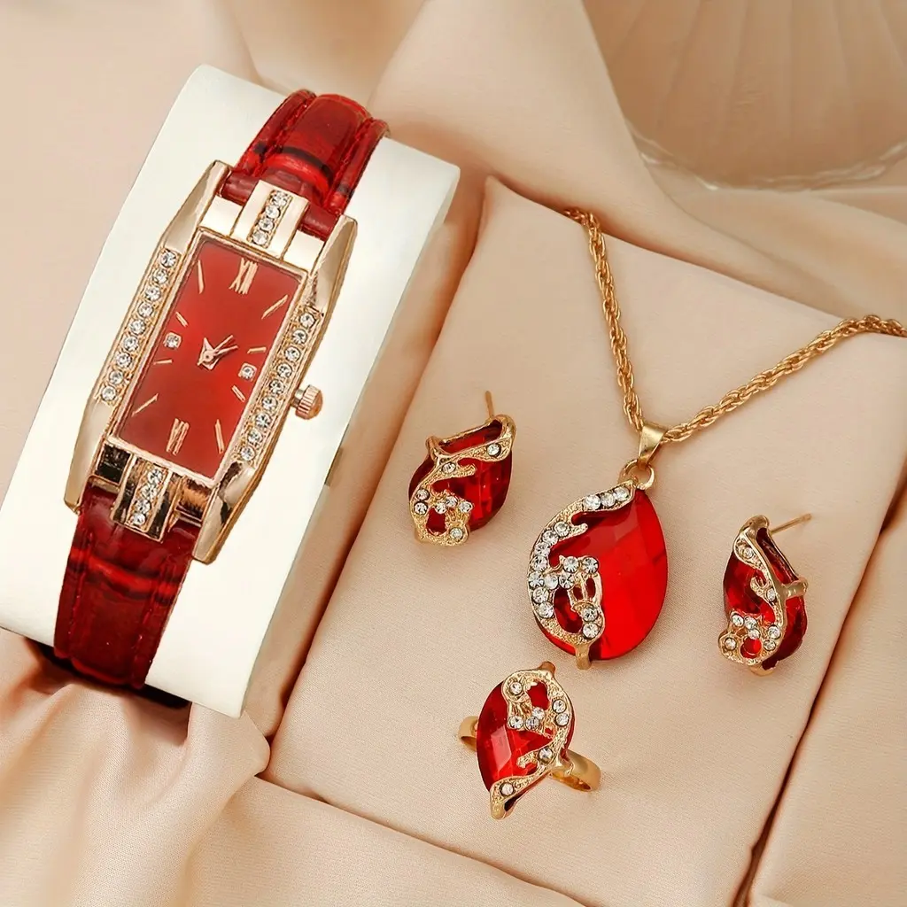 *-* 5pcs Women's Square Quartz Watches Ladies Luxury  Roman Numerals Watch Teardrop Set Jam Tangan11/30