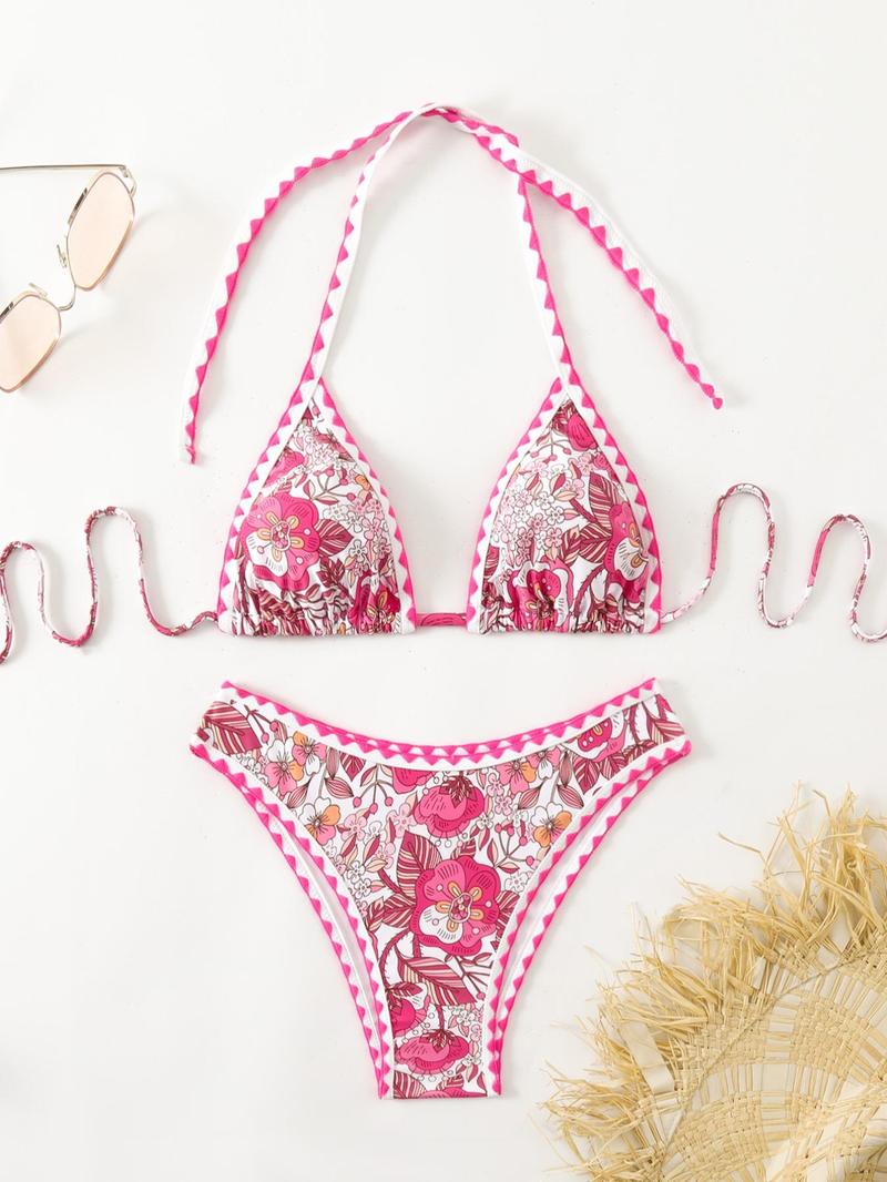 Product Introduction of Two-piece Set Women's Floral Print Halter Bikini Set, Fashion Chic Tie Back Triangle Swim Bra & High Cut Swim Panty, Ladies Swimsuit for Beach Holiday Vacation 6