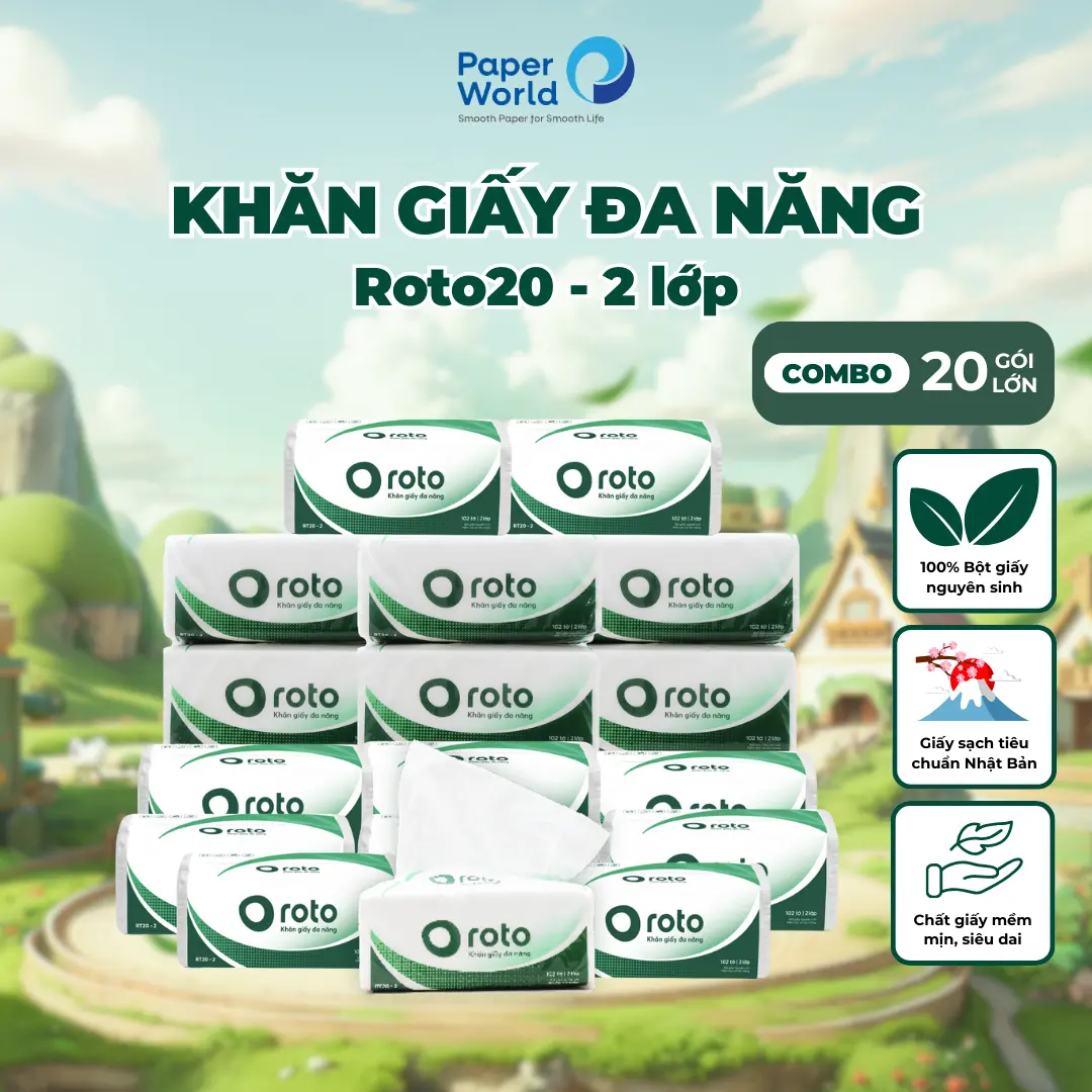 [Combo 20 gói] Khăn giấy rút đa năng 2 lớp cao cấp mềm mịn, siêu dai Roto Eco 100% bột giấy nguyên sinh | Thế Giới Giấy | RT20-2 | Giấy Rút Đa Năng. Giấy Ăn giay  rut