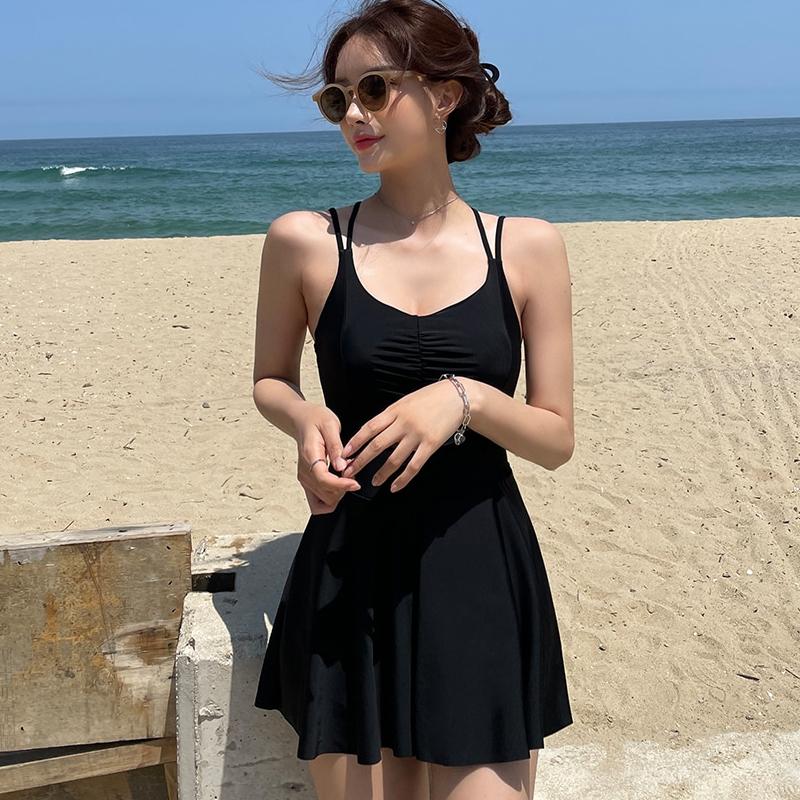 2023 New Korean One Piece Swimsuit Women Bathing Suit Solid Sexy Slip Dress Halter Bikini Set Hot Spring Swimwear 0