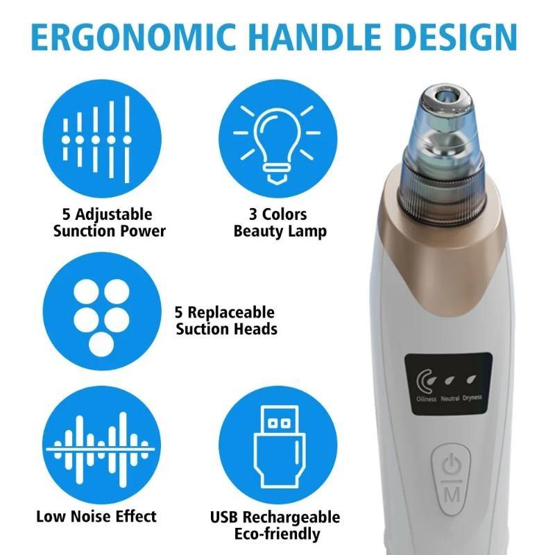 Product Introduction of USB Rechargeable Electric Pore ​​Cleanser, 1 Box Vacuum Suction Blackhead Instrument with 5 Beauty Heads & Acne Needles, Facial Beauty Instrument, Christmas 6
