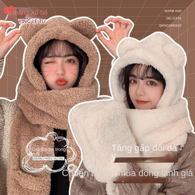 Bộ Ba Mảnh Mũ Gấu Dày Dặn Dành Cho Nữ Mùa Đông Mũ Trùm Đầu Nhồi Bông Khăn Quàng Cổ Găng Tay Tất Cả Trong Một Giữ Nhiệt Bảo Vệ Tai Khăn Quàng Cổ Có Mũ Trùm Đầu Thích Hợp Cho Thời Trang ✨FAFA VNM