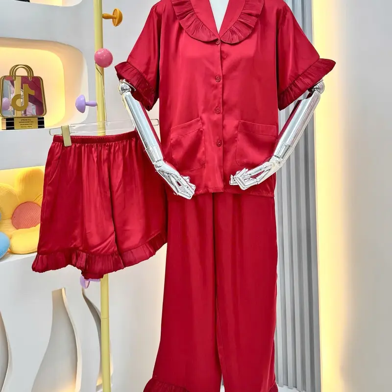 [4 SIZE 40-95KG] PIJAMA LỤA LATIN PHỐI VOAN KIẾNG TAY NGẮN QUẦN DÀI KÈM QUẦN ĐÙI VÀ BỊT MẮT 1