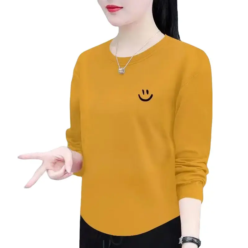 Áo Thun Cotton Dài Tay, Dành Cho Nữ, Bộ Sưu Tập Mùa Xuân Và Mùa Thu, Hàng Mới Về, Thường Ngày Và Dễ Phối Đồ, Thiết Kế Vòng Cung, Mỏng Vừa Vặn, Giấu Kín, Hiệu Ứng Bó Sát Thích Hợp Cho Quần Áo Của Mẹ, Áo Trên Top Women Cổ Tròn