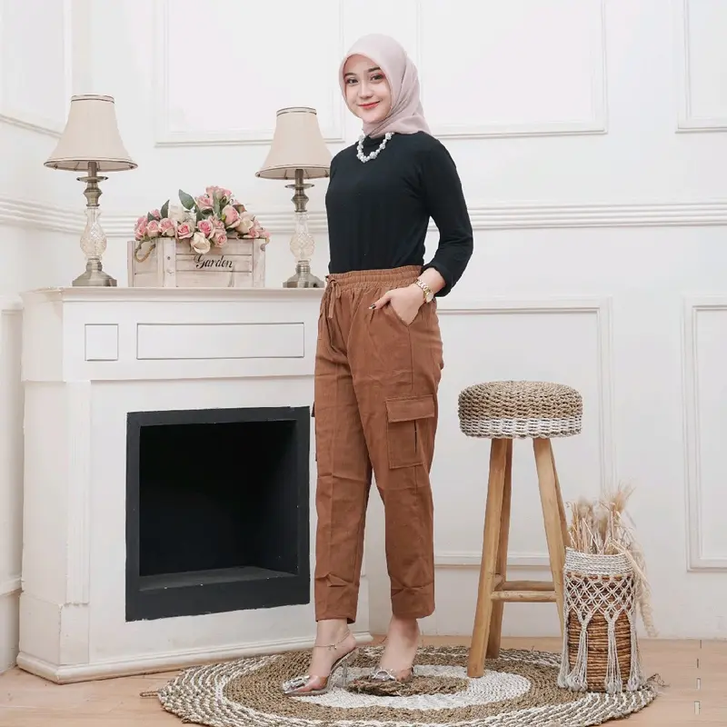 CELANA CARGO WANITA LINEN CRINKLE PREMIUM Karet Panjang Basic Katun 4