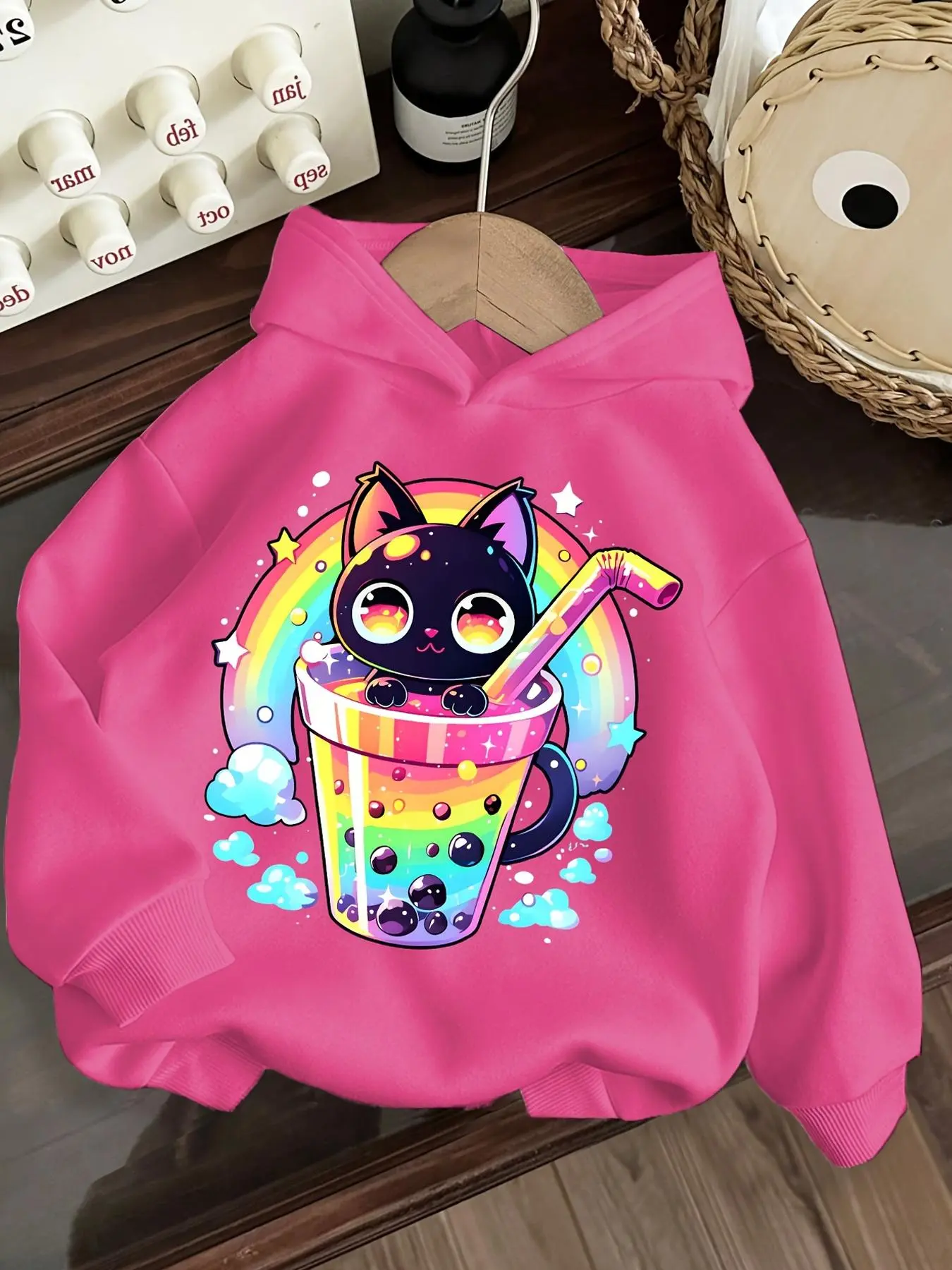 Girl's Cartoon Cat Print Hoodie, Fashion Casual Hooded Sweatshirt for Daily Outdoor Wear, Girls Clothing for Spring & Fall