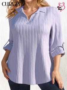 CURVZY Plus Size Solid Button Decor Blouse, Casual Long Sleeve Top for Daily Wear, Women's Plus Clothing for All Seasons