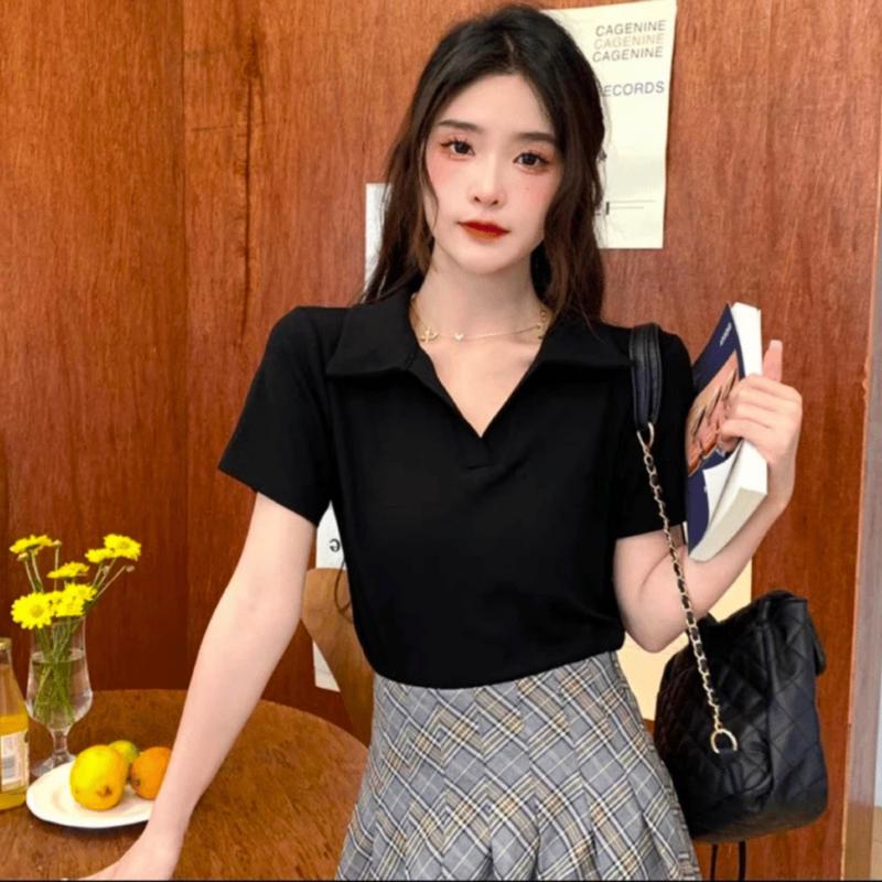 Product Introduction of XẢ KHO Áo 40-100Kg POLO BIGSIZE vạt bầu thun gân lạnh lụa Top Nữ thanh lý Women Đen 5