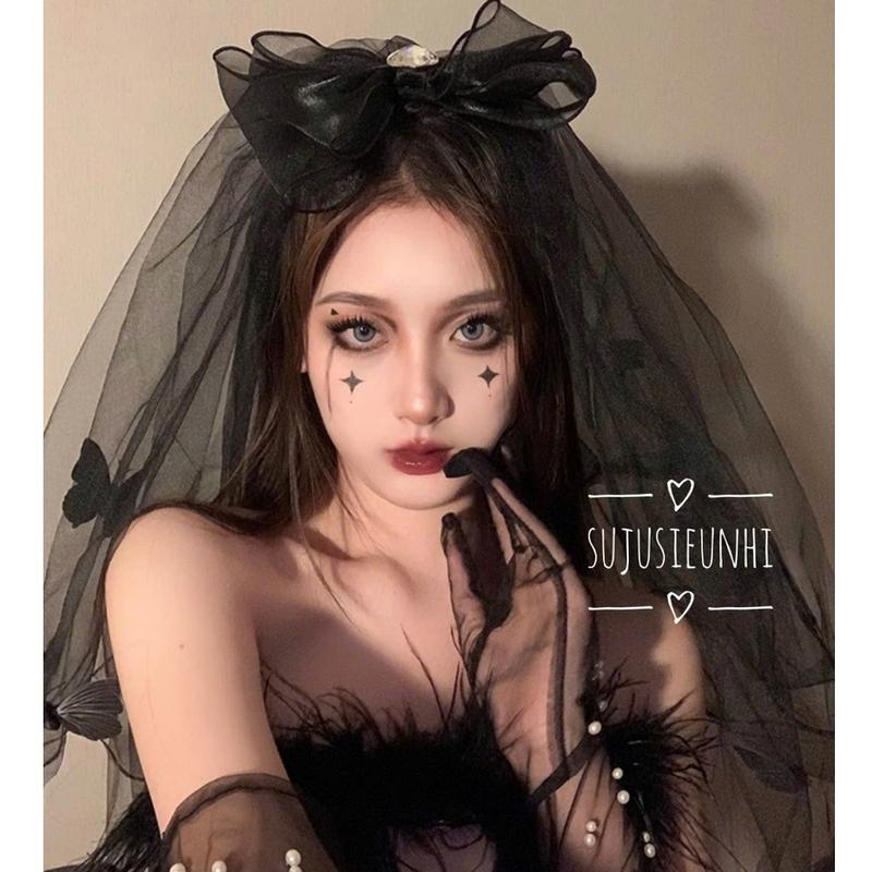 Khăn voan lúp cài đầu hình nơ trái tim gắn bướm đen hoá trang cô dâu phụ kiện tóc halloween huyền bí Hoa 0