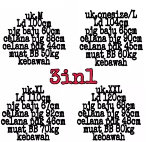 Setelan Piyama 3IN1 Baju Tidur wanita Dewasa,  Bahan Embos 16 Warna Ukuran M / L /XL / XXL