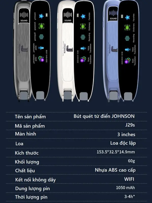 Bút Quét Từ Điển thương hiệu JOHNSON thông Minh hỗ trợ 160 Ngôn Ngữ Trên Thế Giới nhỏ gọn thuận tiện cầm tay có màn hình cảm ứng 3 inch, hỗ trợ kết nối WIFI và khe cắm thẻ nhớ - Hàng nhập khẩu 0