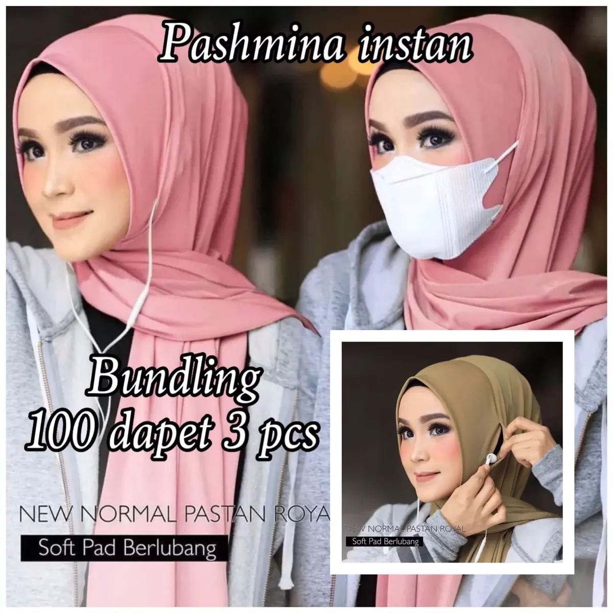 Paket Hemat/Bundling (100 dapet 3 pcs) Pashmina Instan New Normal Variasi Lubang Telinga Jilbab  Muslim Kerudung Pink Soft