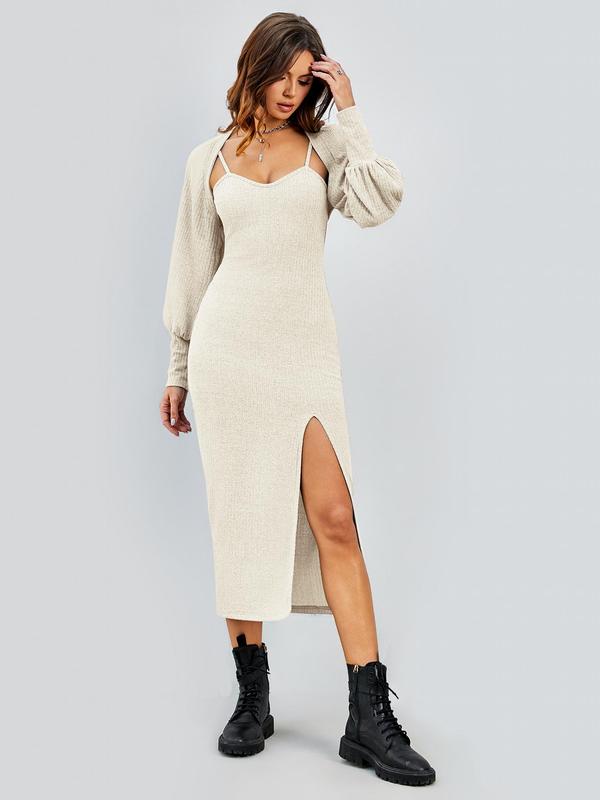 Two-Piece Set Women's Solid Co-ord Set, Split Thigh Knit Cami Dress & Bishop Sleeve Open Front Crop Top Set, Women's Clothing for Spring & Fall 2