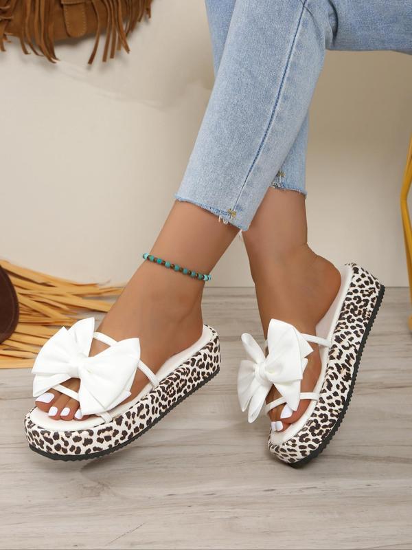 Women's Fashionable Leopard Print Bowknot Design Slides, Summer Sandals, Casual Comfortable Platform Slippers for Summer, Female All-match Round Toe Slippers for Daily Wear, Sandals Heels Walking Shoes 7