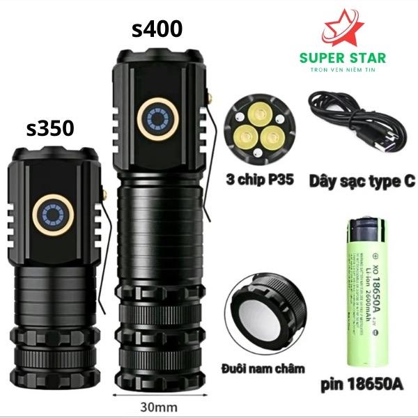 Đèn pin mini siêu sáng s350 s400 đèn pin cầm tay nhỏ gọn có kẹp cài mũ đuôi đèn dính nam châm cực tiện dụng