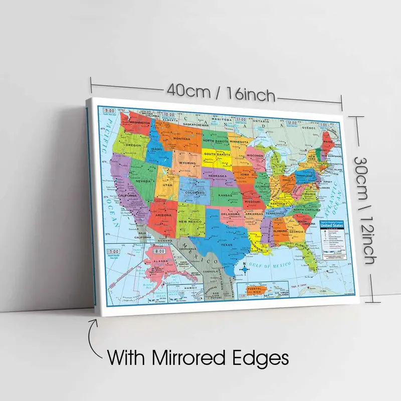 Wooden Framed Canvas Map Of The United States Poster, Modern Art Decoration, Pattern Wall Art Decor, Frame Painting for Living Room, Bedroom, Office, Restaurant Wall Decor 3