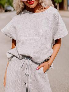 Two-Piece Set Women's Solid Textured Batwing Sleeve Tee & Pocket Drawstring Waist Pants Two-piece Set, Casual Round Neck Short Sleeve T-shirt & Elastic Waist Trousers, Ladies Two-piece Outfits for All Seasons