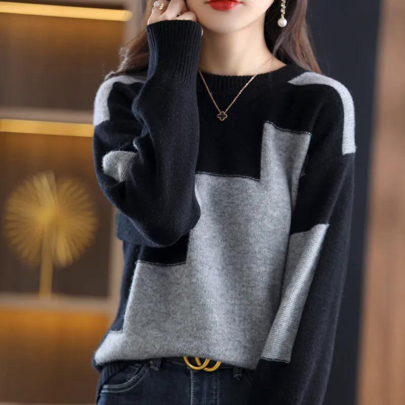 Product Introduction of Women sweater 2022 autonm and winter New Fashion stitching round neck knitted shirt loose casual lazy style long sleeve bottoming shirt Women 9