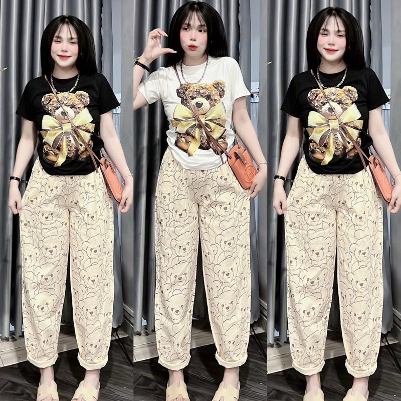 Product Introduction of Sét Bộ Jean Áo Tay Ngắn Cổ Tròn In Hinh Gấu Nơ Kèm Quan Baggy Kaki Kem Hoạ Tiếc Gấu,Phom Vừa 45-55kg Mặc Thoải Mái. Nữ Women Nữ Women Nhung Top 27