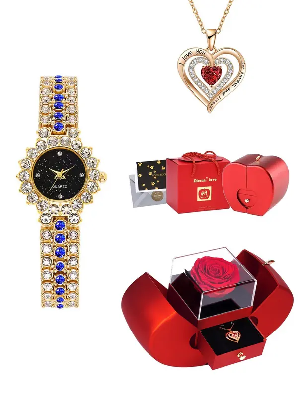 Women's Elegant Fashion Watch & Jewelry Set, Including Round Dial Wristwatch & Pendant Necklace & Ring & Earrings & Bracelet, Trendy All-match Watch Set for Gift 0