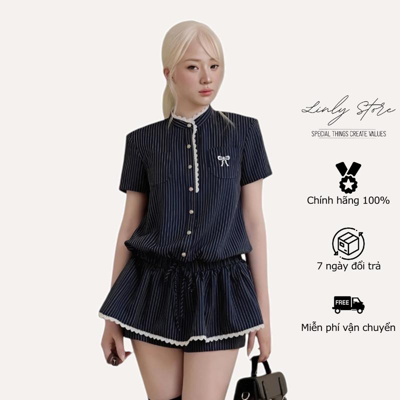 Set jumpsuit nữ sang chảnh, set bộ áo váy liền quần thêu nơ xanh than Linly Store J-JS2
