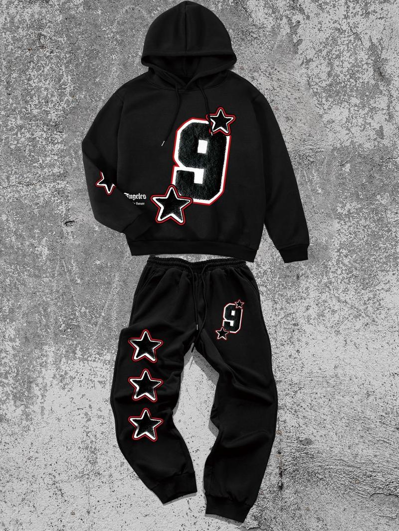 Product Introduction of Two-piece Set Men's Star  and Number Patched Drawstring Hoodie & Elastic Waist Sweatpants, Regular Fit Casual Fashion Cozy Breathable Two Piece Outfits for Daily Outdoor Wear, Men Clothes for Fall & Winter 12