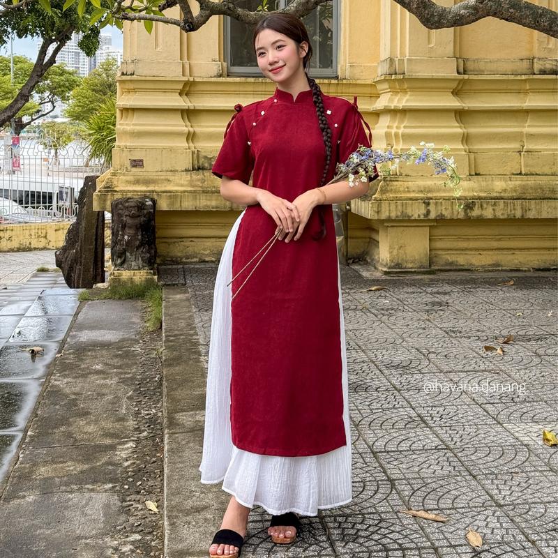  Áo dài cách tân nhung chéo phối cutout tay đính cúc hoa mai kèm chân váy voan tơ 2 lớp HAVANA AD43 