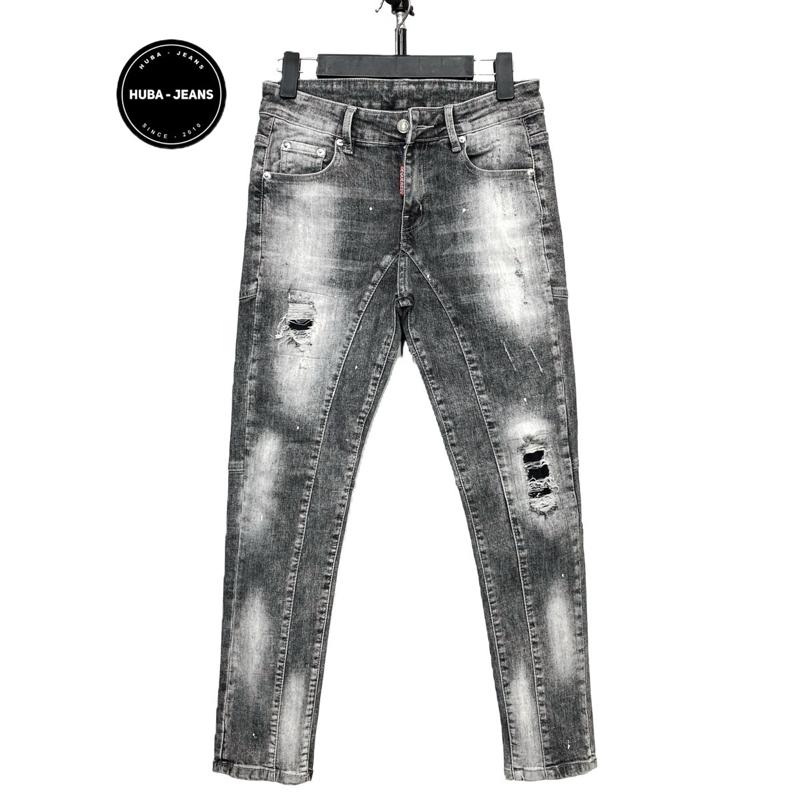 Quần jeans nam HUBA-JEANS dài PHOM ÔM ỐNG CÔN wash xám nhạt rách Menswear Pants Có Túi Denim quầntàntật form slimfit  icon thông thường  có thể giặt máy