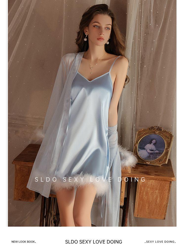 Product Introduction of High Quality in Stock-Limited Offer Sldo Flagship Store French Advanced Sense Long Sleeve Nightgown White Feather Princess Loose Sexy Morning Gowns-TK Hot Sale Quality Certification Womenswear Loungewear Original Nightwear 33