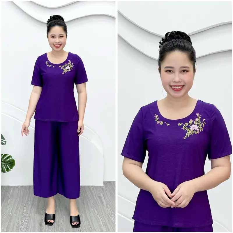 T65 Đồ bộ trung niên, set bộ cho mẹ thun aty mỹ mềm mát, quần ống rộng 9 tấc, 50-85kg Nữ Áo Women Nhung 5
