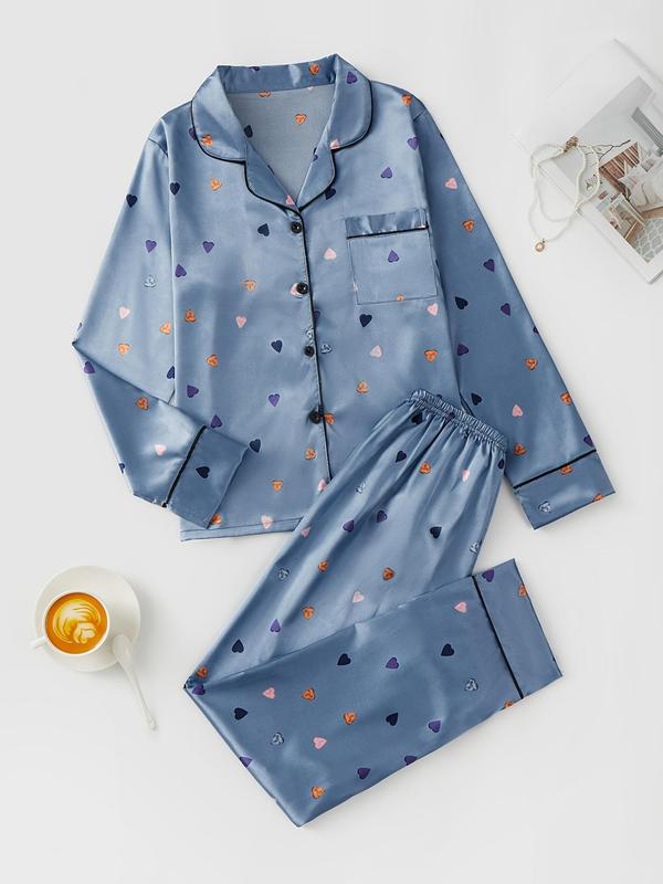 Women's Heart Print Satin Loungewear Set, Casual Lapel Button Front Shirt & Trousers Pajama Set, Valentine's Day Gift, Women's Sleepwear, Womenswear, Winter Co Ord Sets Valentine's Day, Two Piece Set Women 2