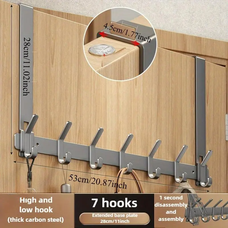 Wall Mounted Door Back Hanger, 1 Count Multifunctional Carbon Steel Door Hanger with 6/7 Hooks, Bathroom Storage Rack, Home Organizer 2