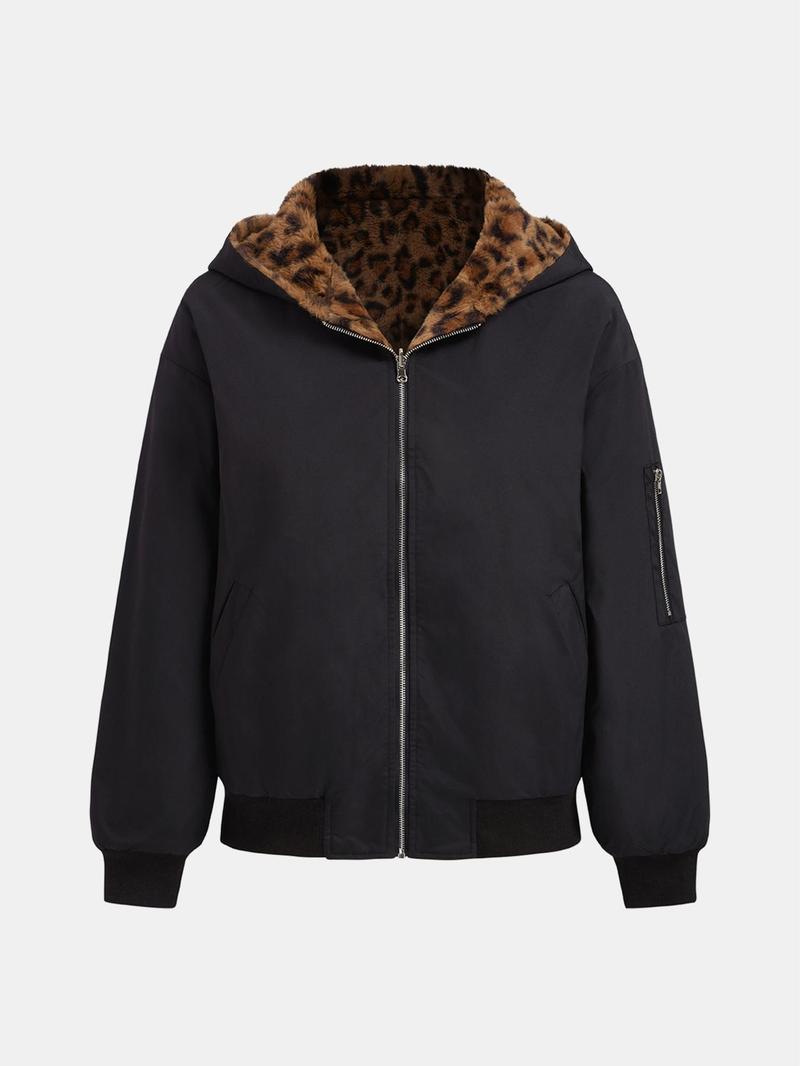 Product Introduction of YOZY Women's Leopard Print Zip Up Thermal Lined Reversible Hooded Jacket, Fashion Casual Long Sleeve Pocket Outerwear for Daily Outdoor Wear, Women Clothing for Fall & Winter 8