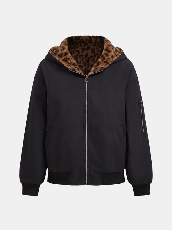 YOZY Women's Leopard Print Zip Up Thermal Lined Reversible Hooded Jacket, Fashion Casual Long Sleeve Pocket Outerwear for Daily Outdoor Wear, Women Clothing for Fall & Winter 3