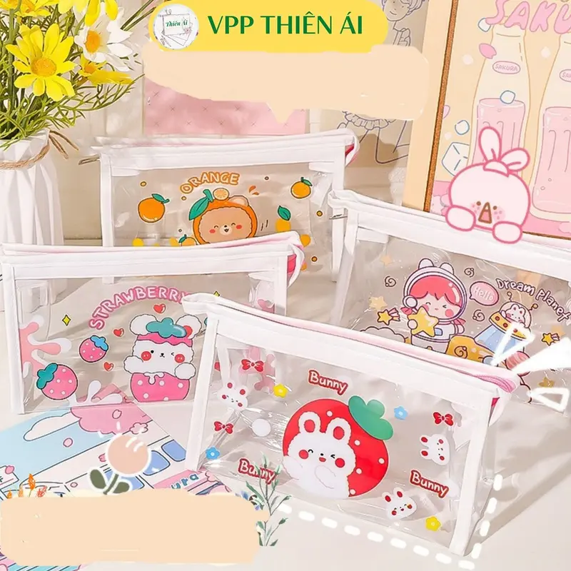Túi đựng bút - mỹ phẩm trong suốt họa tiết hoạt hình đáng yêu - VPP THIÊN ÁI 0