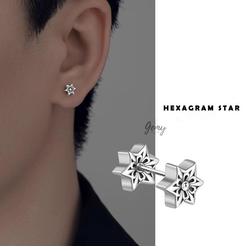 Khuyên tai nam bạc nguyên chất (xi vằn den) hình ngôi sao chốt vặn Hexagram Star (1 chiếc) | GEMY SILVER KN148